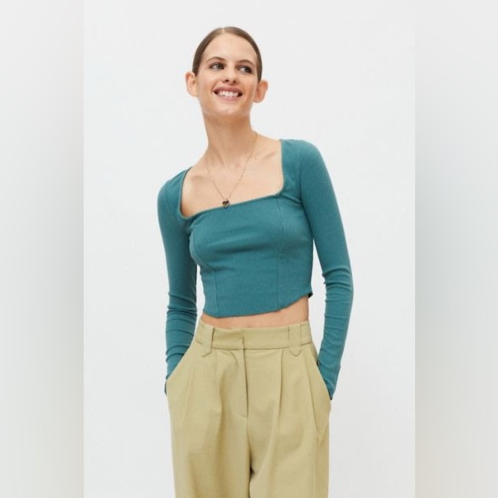 Urban Outfitters Meg Square Neck Long Sleeve Top in Green, Size Small
